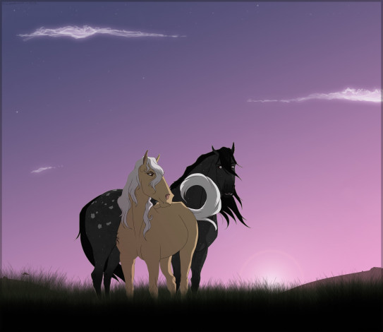 Обои картинки фото рисованное, животные,  лошади, лошади, ночь, трава, облака, небо