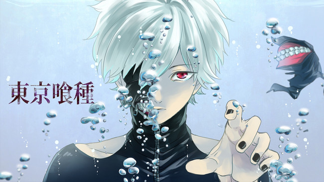 Обои картинки фото аниме, tokyo ghoul, пузыри, красный, глаз, маска, ken, kaneki, парень