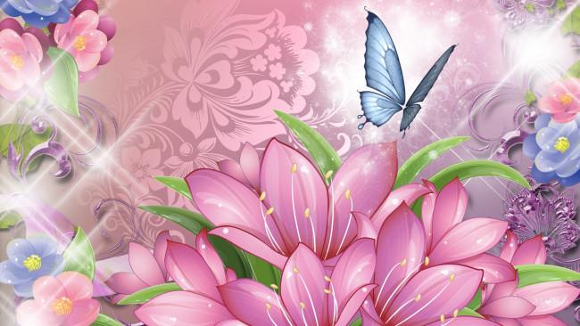 Обои картинки фото рисованное, цветы, бабочка, лепестки
