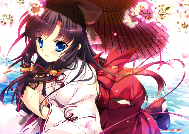 Обои картинки фото аниме, *unknown , другое, цветы, колокольчик, бант, mikeou, девушка, зонтик