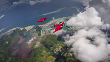 Картинка спорт экстрим облака fs камеры шлем контейнер остров море тени formation экстремальный парашют пилоты вингсьют