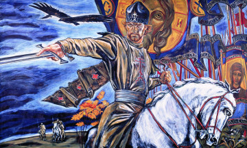 Картинка куликово+поле рисованное люди князь кони всадники птицы флаги знамена войско