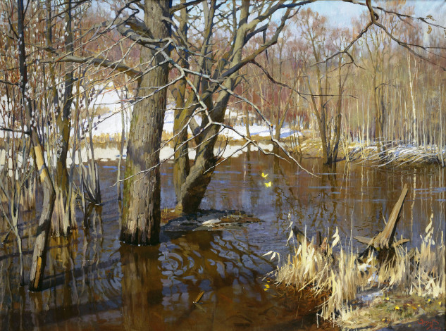 Обои картинки фото разлив сетуни - зяблов Ярослав, рисованное, живопись, река, деревья, весна, снег, вода, половодье