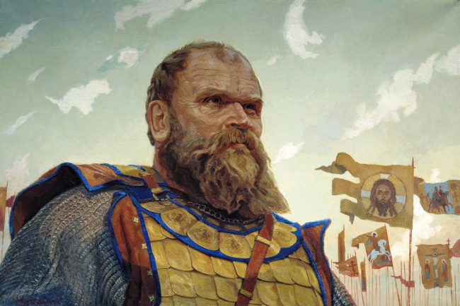 Обои картинки фото герой куликовской битвы боброк волынский, рисованное, виктор маторин, взгляд, воин, борода, войско, кольчуга, флаги, знамена