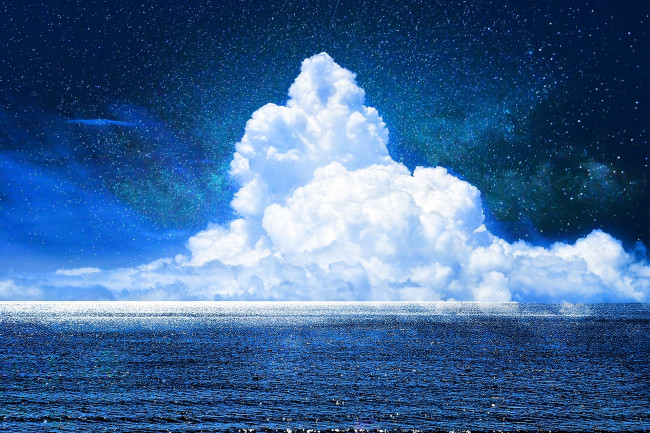 Обои картинки фото разное, компьютерный дизайн, звезды, небо, zonomaru, арт, океан, облака