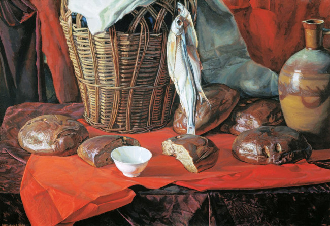 Обои картинки фото пять хлебов, рисованное, виктор маторин, стол, ткань, хлеб, корзина, рыба, кувшин