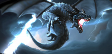 Картинка фэнтези драконы рога клыки хвост гроза дракон крылья молния шторм