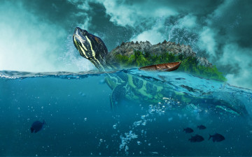 Картинка фэнтези фотоарт камни пузыри брызги пальмы лодка огромная вода черепаха море рыбы небо облака