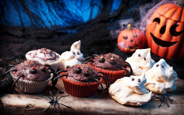обоя праздничные, хэллоуин, паук, шоколад, baking, пирожное, тыква, хеллоуин, pumpkin, halloween, chocolate, кексы