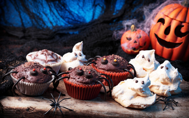 Обои картинки фото праздничные, хэллоуин, паук, шоколад, baking, пирожное, тыква, хеллоуин, pumpkin, halloween, chocolate, кексы