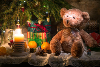 обоя праздничные, - разное , новый год, апельсины, игрушка, свеча, медведь