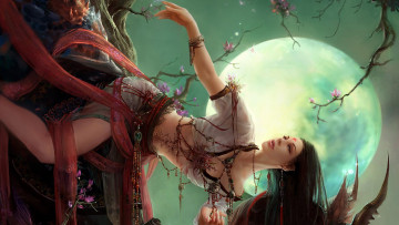 Картинка фэнтези девушки луна украшения дерево девушка