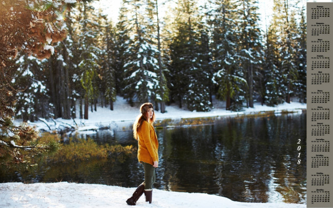 Обои картинки фото календари, девушки, снег, деревья, водоем, 2018