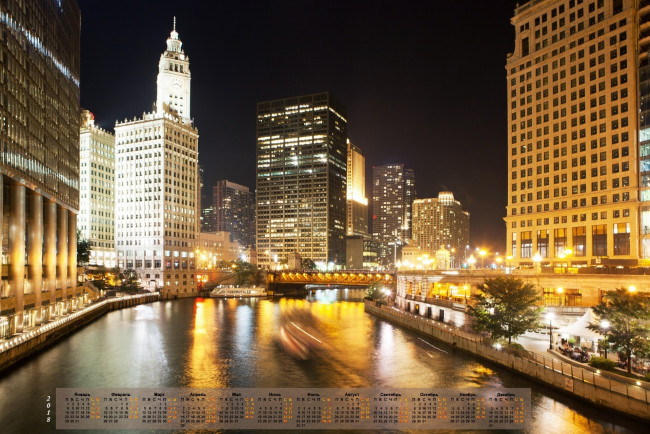 Обои картинки фото chicago, календари, города, небоскреб, 2018, водоем, освещение, здание