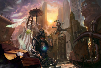 Картинка фэнтези существа ангел робот девушка город