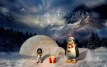 Картинка 3д графика holidays праздники девушка пингвин горы