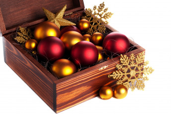 Картинка праздничные шарики красный коробка золотой снежинки