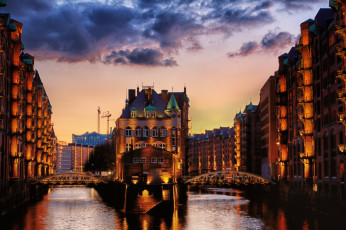 Картинка гамбург+ германия города -+огни+ночного+города мост ночь