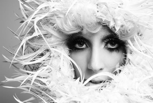 Обои картинки фото музыка, lady gaga, капюшон, глаза, девушка, перья