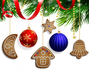 обоя праздничные, векторная графика , новый год, рождество, cookies, decoration, xmas, merry, christmas, украшения, снег, шары, новый, год
