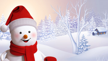 Картинка праздничные векторная+графика+ новый+год снеговик лес улыбка домик