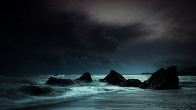 Обои картинки фото природа, побережье, море, ночь, камни