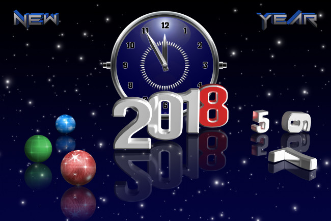 Обои картинки фото праздничные, векторная графика , новый год, фон, 3d, свечение, стрелки, часов, 2018, новогодние, шары, циферблат, градиент, текстура, новый, год, звезды, рендеринг, цифры, время, блики, отражение, света, свет, рождество, года, обои