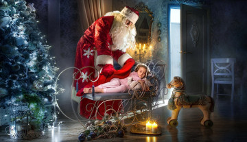 Картинка праздничные дед+мороз +санта+клаус елка дед мороз лошадка девочка