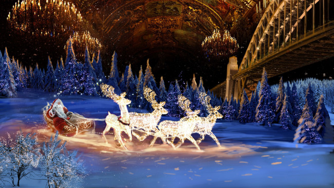 Обои картинки фото праздничные, дед мороз,  санта клаус, олени, сани, дед, мороз