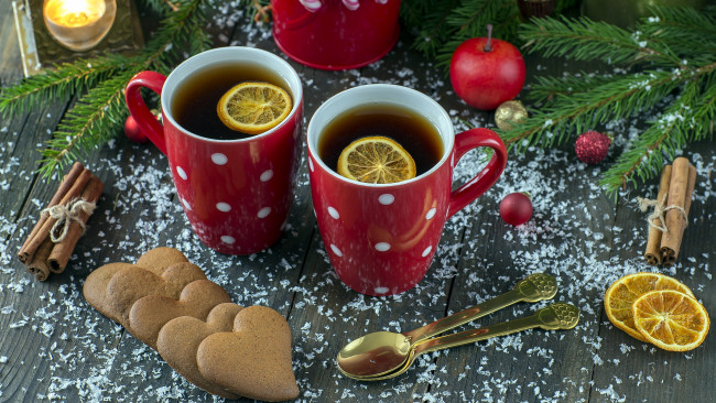 Обои картинки фото праздничные, угощения, печенье, корица, лимон, чай