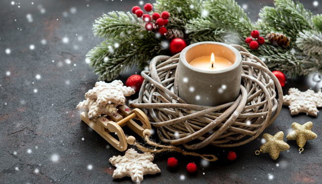 Обои картинки фото праздничные, новогодние свечи, огонек, печенье, свеча, композиция