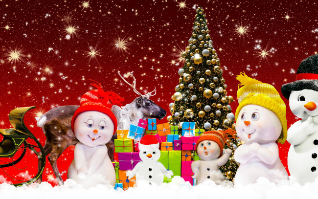 Обои картинки фото праздничные, снеговики, елка, олень, подарки