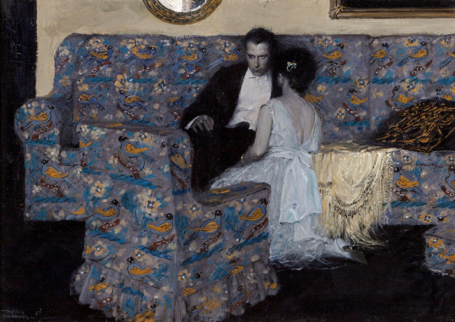 Обои картинки фото рисованное, dean cornwell, мужчина, женщина, кресло, диван