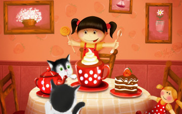 Картинка векторная+графика мультфильмы+ cartoons девочка день рождения коты угощение