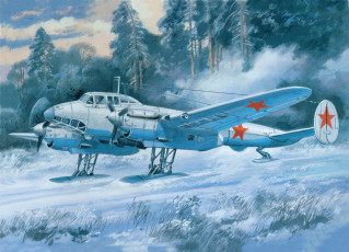 обоя авиация, 3д, рисованые, v-graphic, самолет, снег, лес