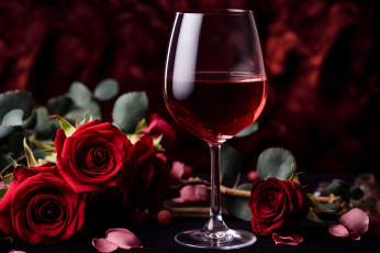 обоя еда, напитки,  вино, розы, лепестки, вино, красное, бокал