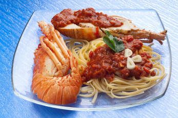 обоя еда, рыбные блюда,  с морепродуктами, лангуст, спагетти, соус, чеснок