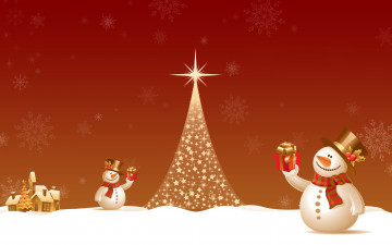 обоя праздничные, векторная графика , новый год, ёлка, снег, снеговики, подарки, дом
