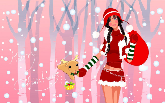 Обои картинки фото праздничные, векторная графика , новый год, снегурочка, снег, мешок, костюм, олень, лес