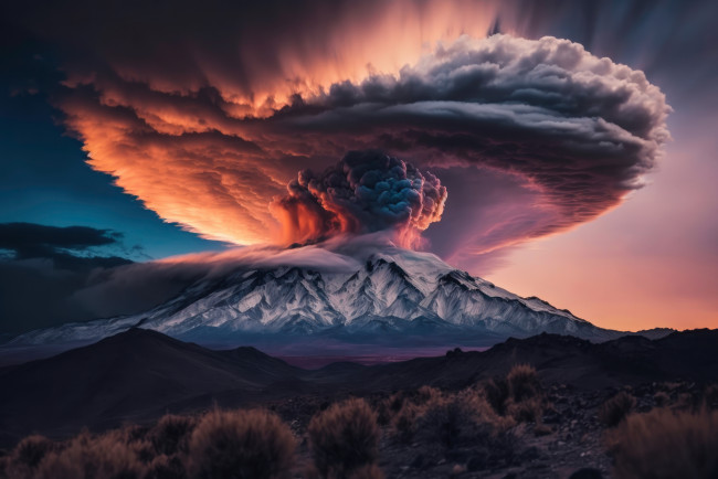 Обои картинки фото природа, стихия, вулкан, извержение, закат, сюрреалистический, пейзаж, гора, апокалипсис