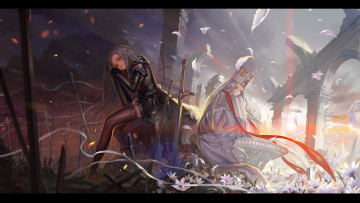 Картинка аниме fate zero свет тьма девушки мечи руины ленты лепестки