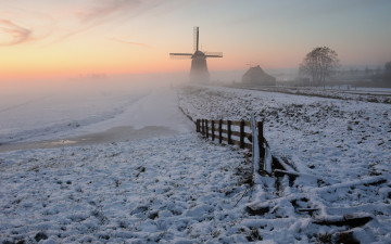 Картинка природа зима мельница закат