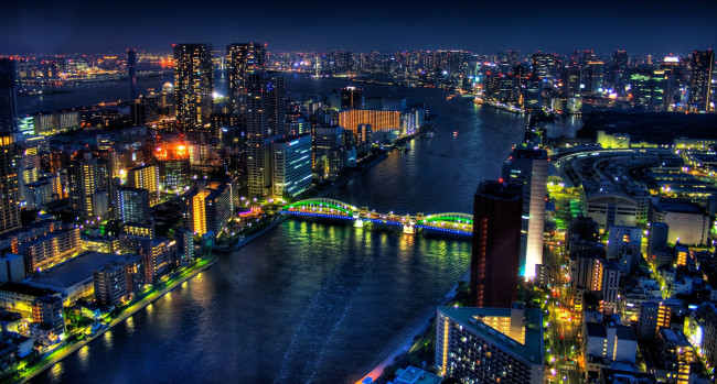 Обои картинки фото токио, Япония, города, ночь, река, мост, огни, небоскребы