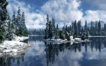 Картинка 3д графика nature landscape природа ели островок озеро зима лес горы