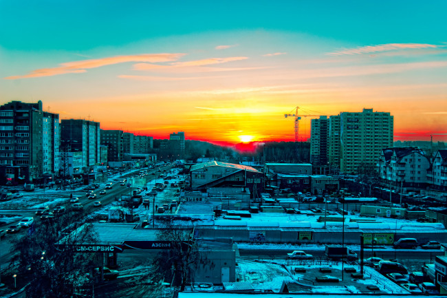 Обои картинки фото новосибирск, города, панорамы, закат, панорама