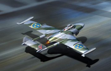 Картинка авиация 3д рисованые v-graphic бомбардировщик истребитель британский швеция самолет dh-112 venom веном ввс авианосец взлет палуба