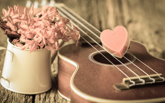 Обои картинки фото праздничные, день святого валентина,  сердечки,  любовь, love, vintage, сердце, romantic, heart, цветы, гитара
