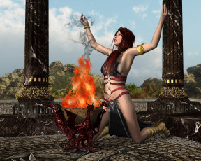 Картинка 3д+графика фантазия+ fantasy ритуал девушка огонь фон взгляд