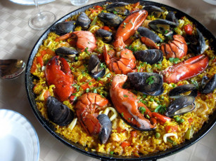 Картинка еда рыбные+блюда +с+морепродуктами испанская паэлья креветки мидии кухня рис