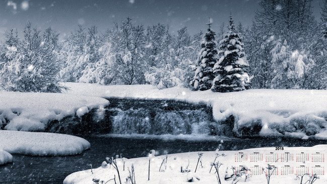 Обои картинки фото календари, природа, водоем, деревья, снег, 2018